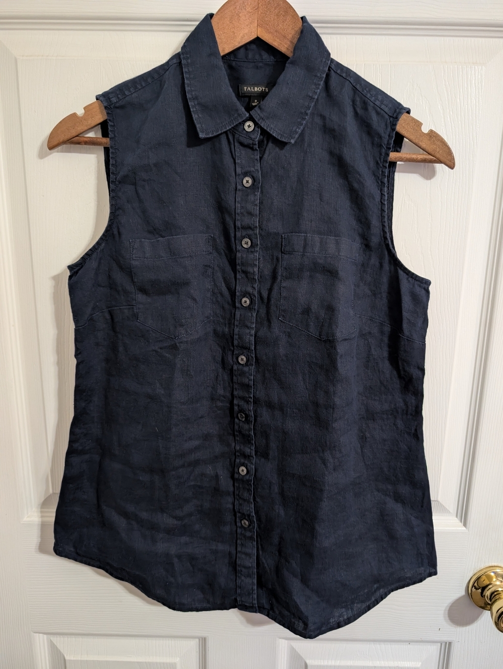 Talbots Womens Top 100% Linen Navy Blue Sleeveless Button Down Up Size Small